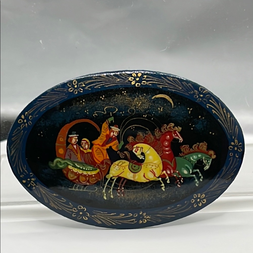 Russian lacquer hand painted figural brooch, signed, 2.25 inches long